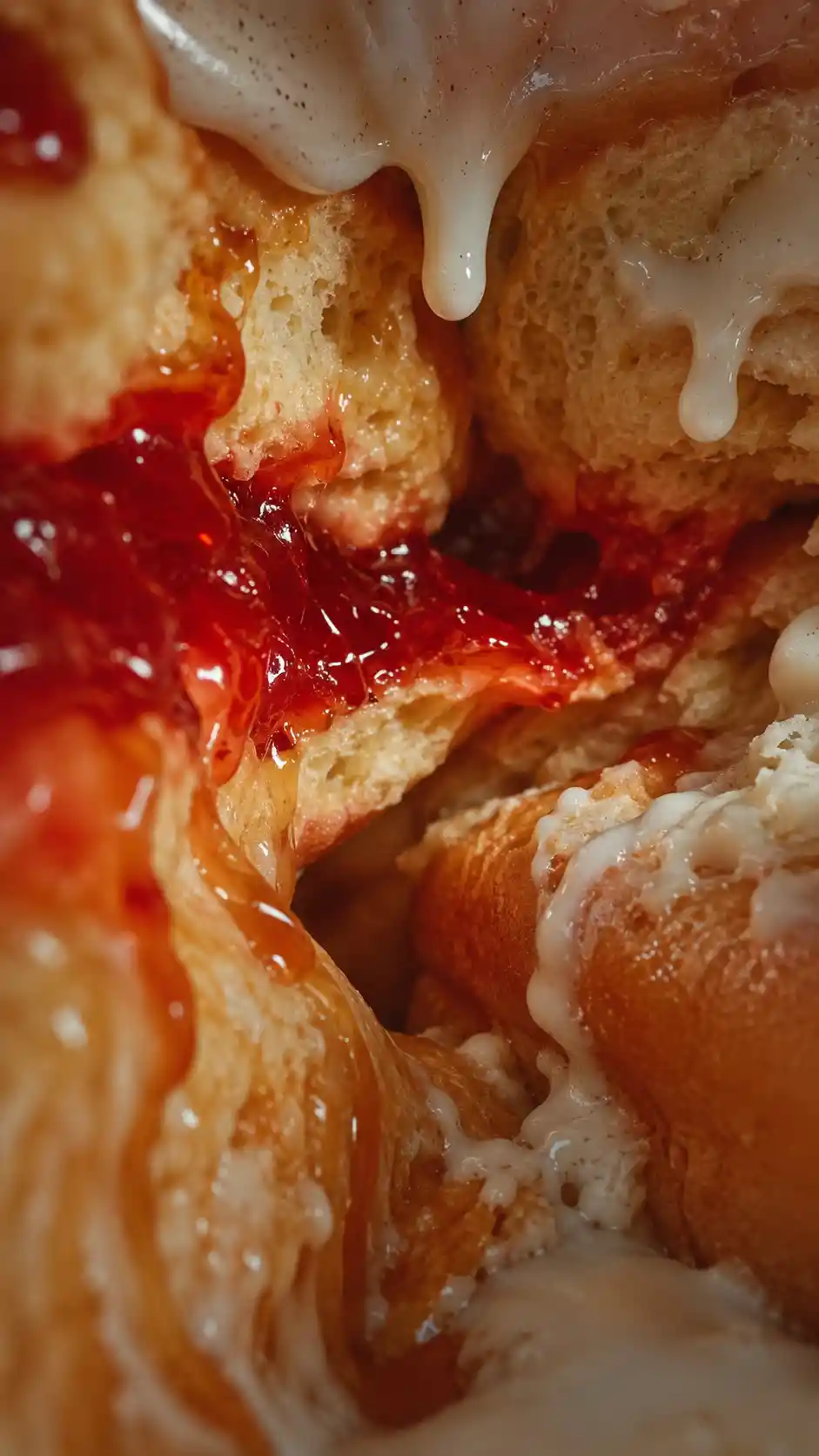 Macro view inside a strawberry jam filled donut interior