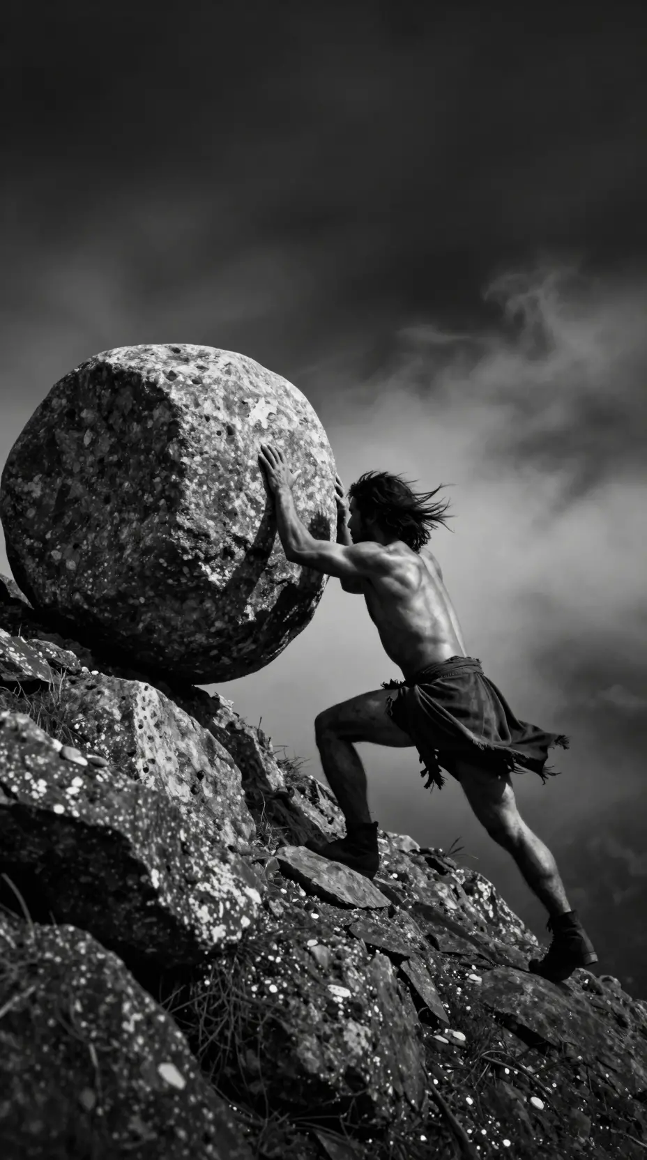 Lone man pushing boulder up steep rugged mountainside