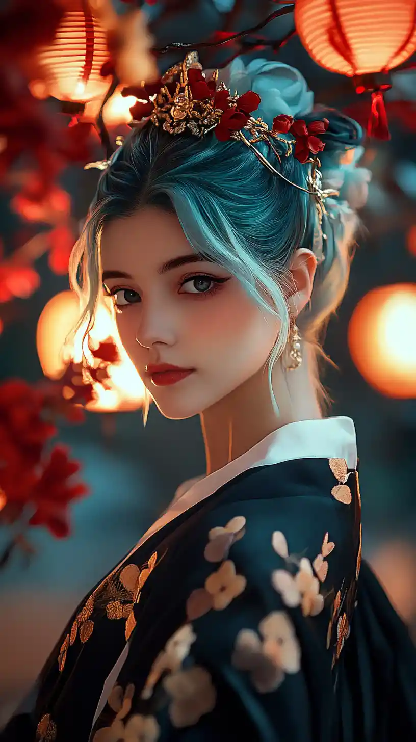 Serene teal haired girl under glowing red lanterns