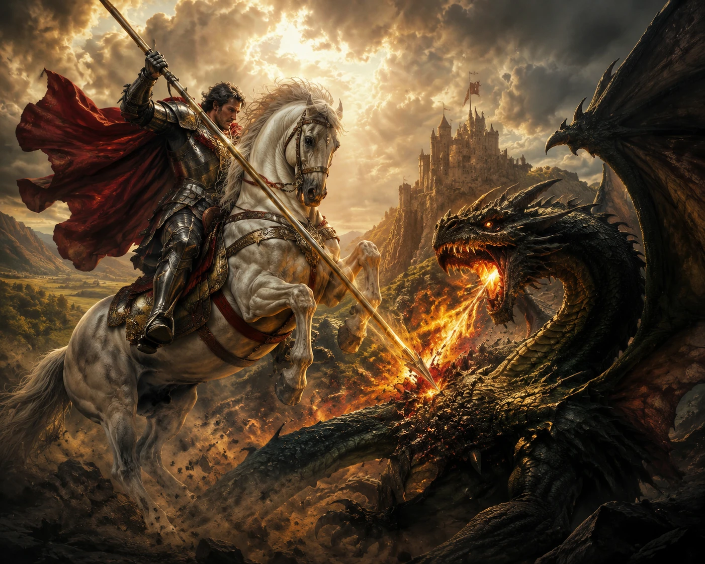 San Jorge a Caballo Combatiendo un Dragón Llameante