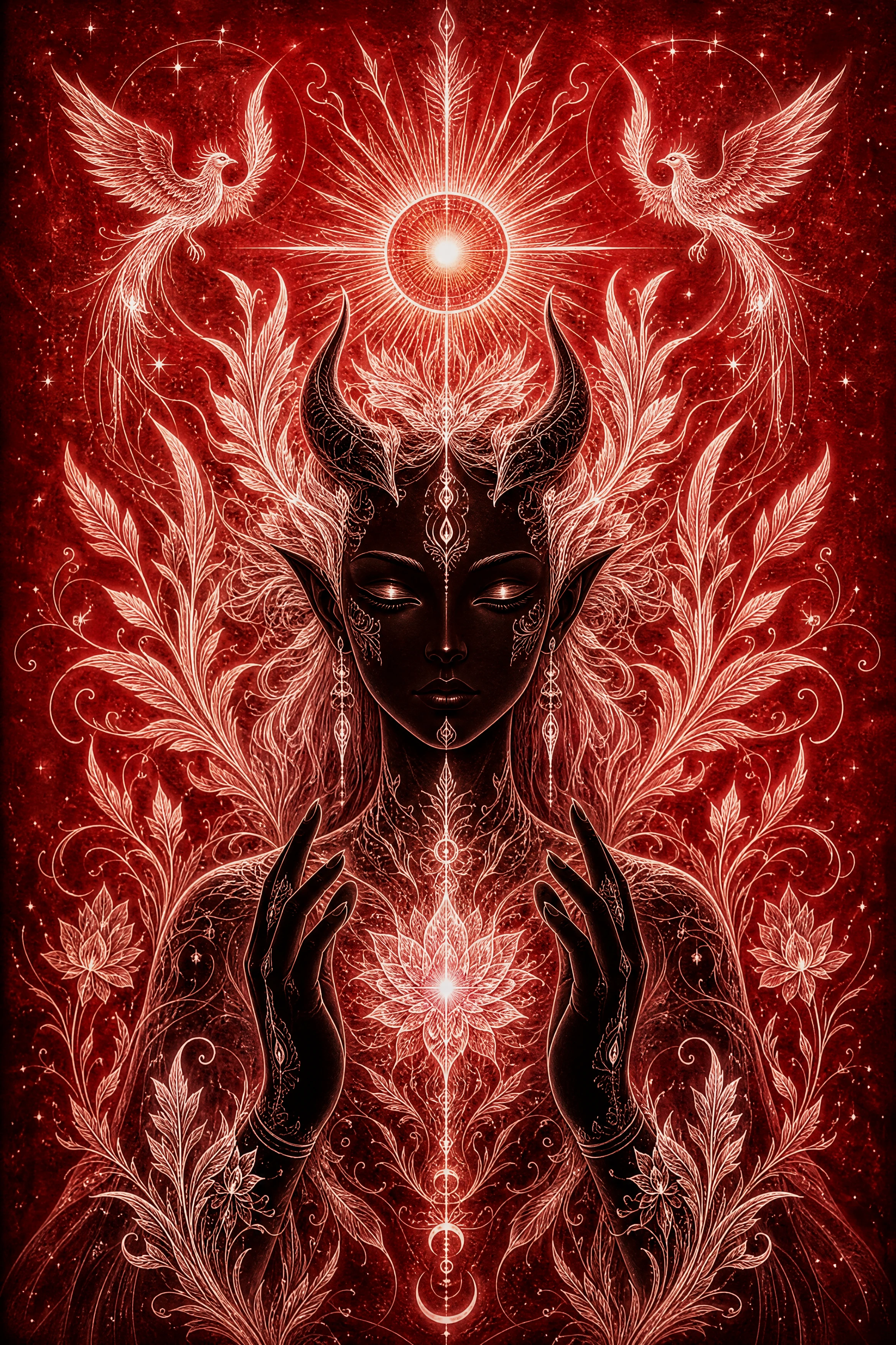 Retrato de demonio etérea con radiante simetría espiritual