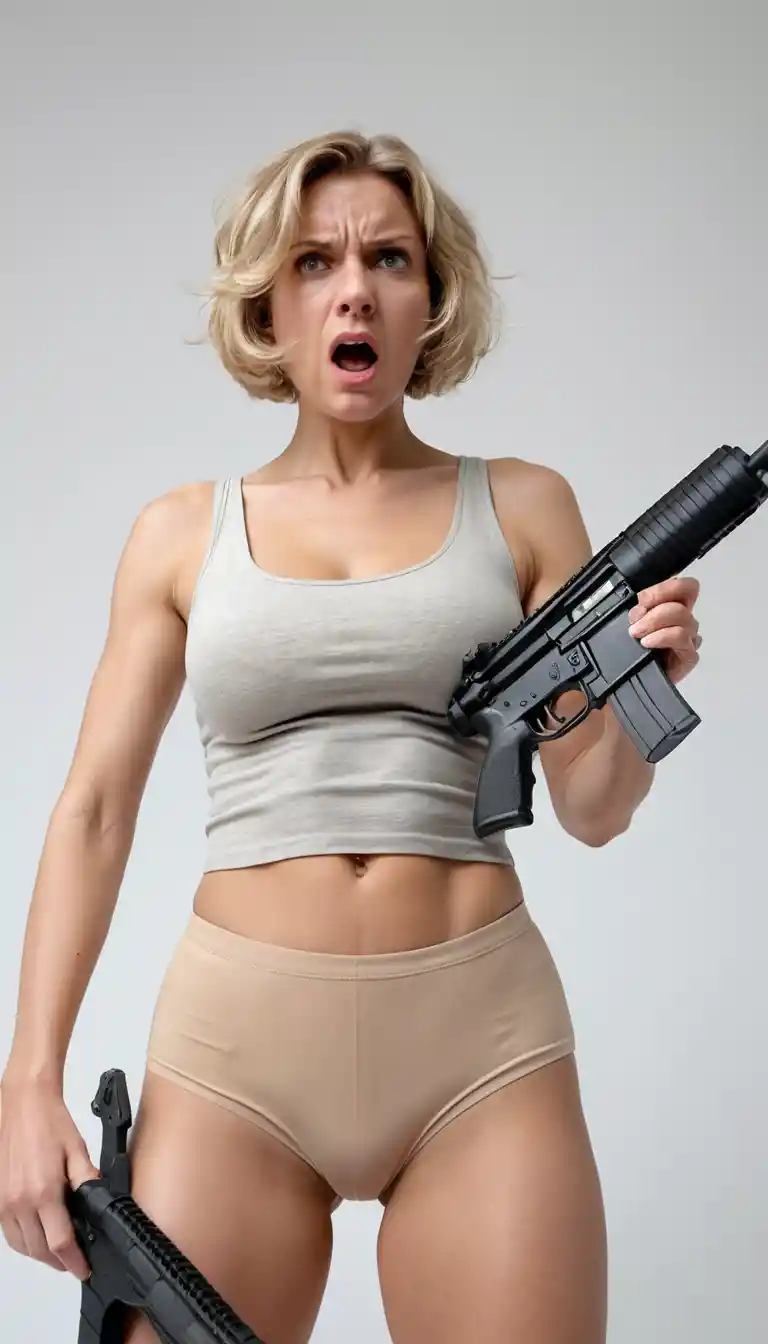 Angry woman firing an M16 rifle from a low angle view