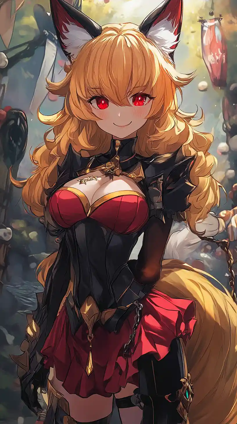 Fox eared anime girl in ornate armor and skirt
