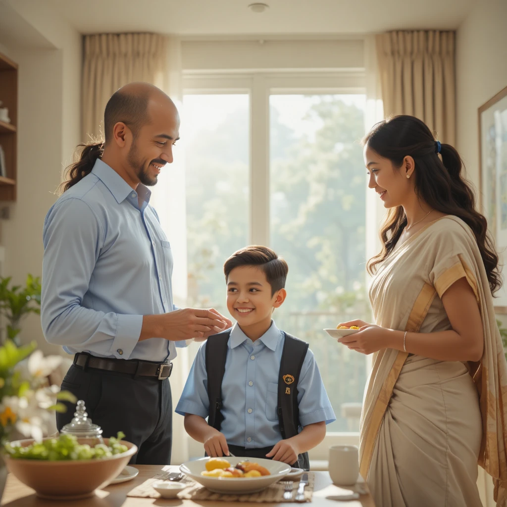 Indian family sharing breakfast in a bright modern home