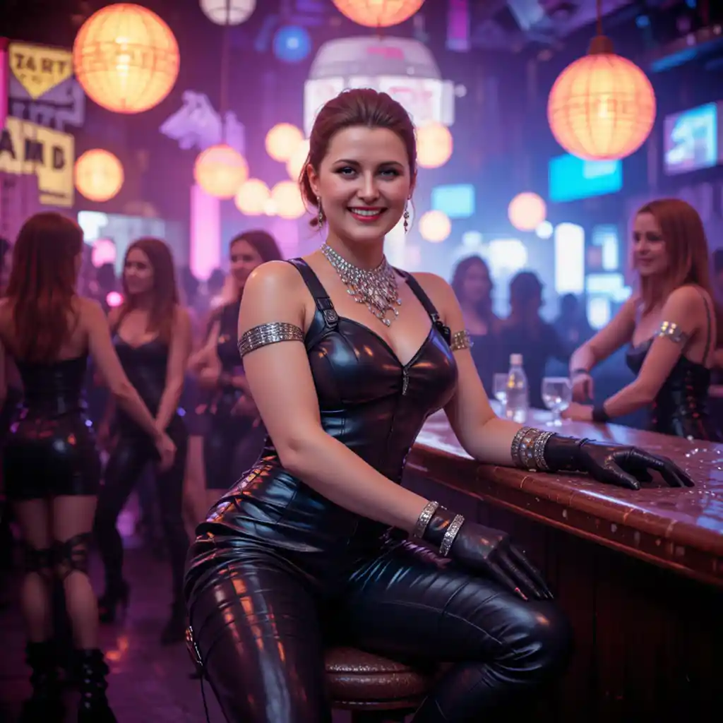Alluring leather woman on bar stool in bright disco