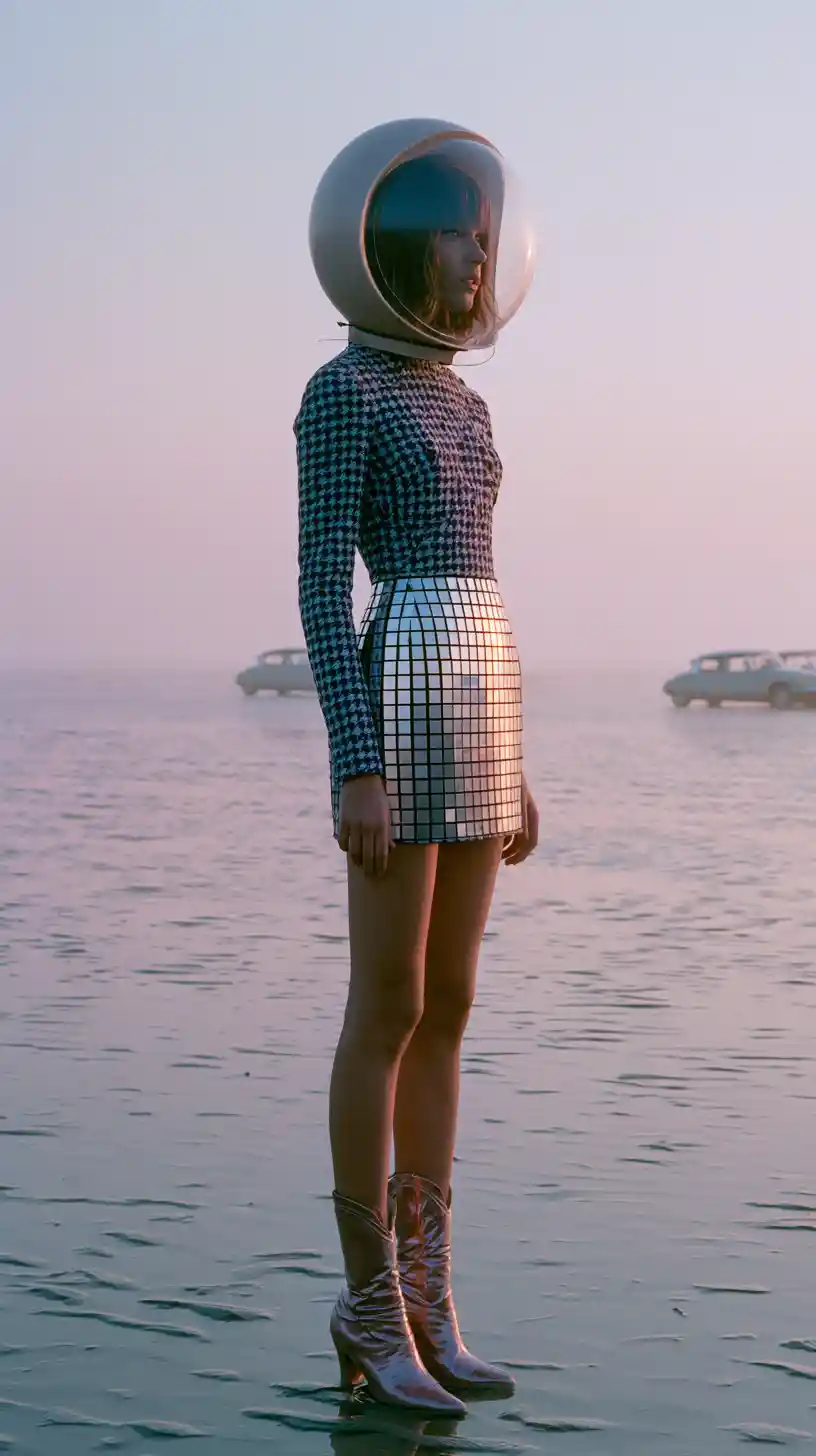 Woman in mirror dress by misty pink coastal sunrise