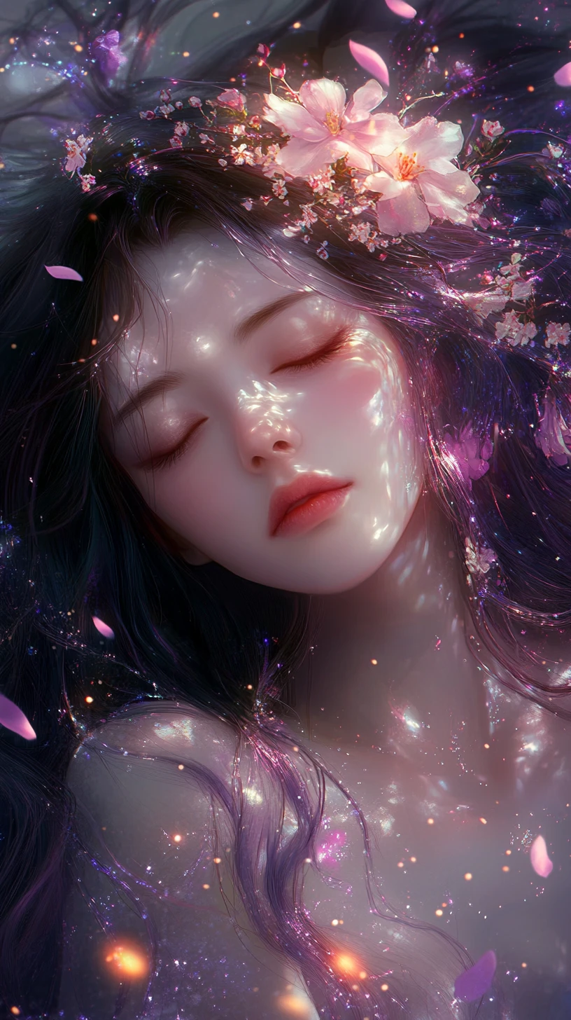 Anime woman with glowing lavender hair dissolving into light