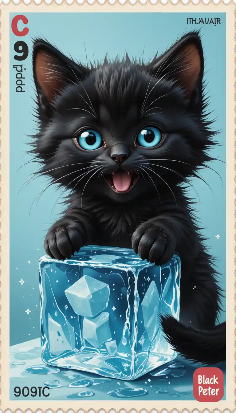 Cute black kitten with blue eyes on game card
