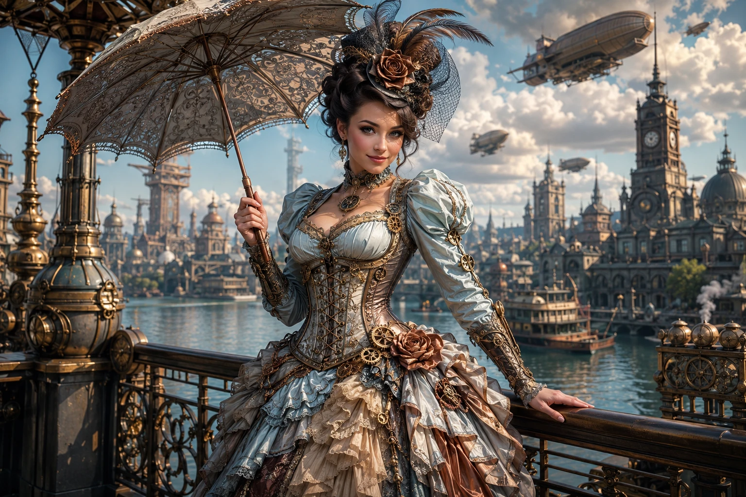 Steampunk woman on balcony overlooking a glowing cityscape