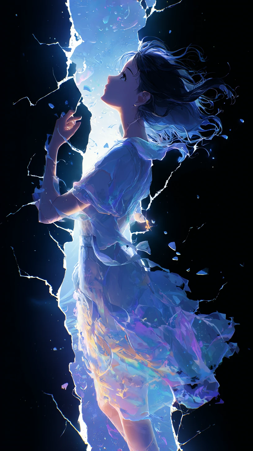 Ethereal woman emerging through a glowing tear in reality