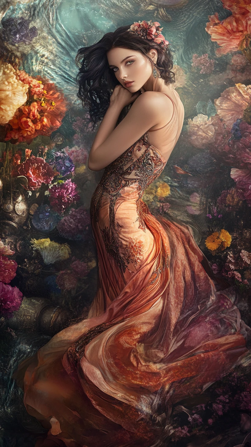 Fantasy woman in a draped halter gown among floral steampunk