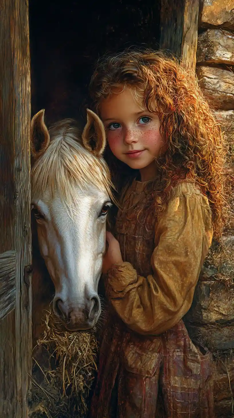 Freckled girl with pony at a mystical old barn