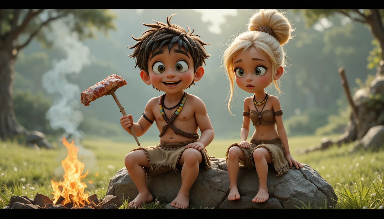 Prehistoric siblings roasting meat over a campfire on rocks