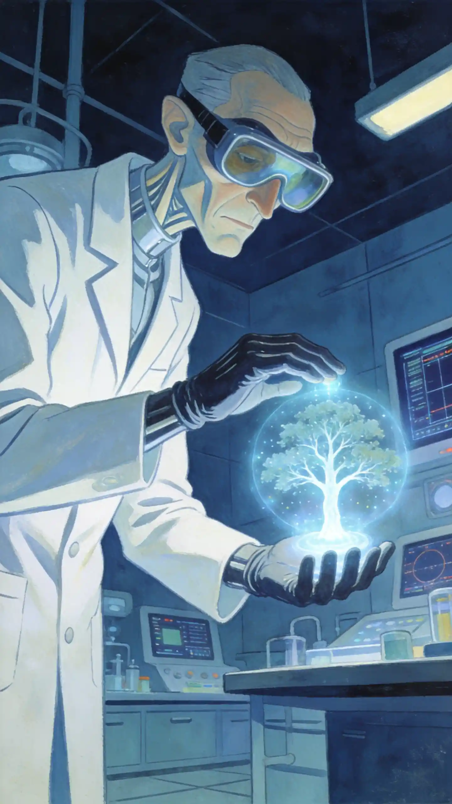Melancholic scientist with holographic tree in futuristic lab