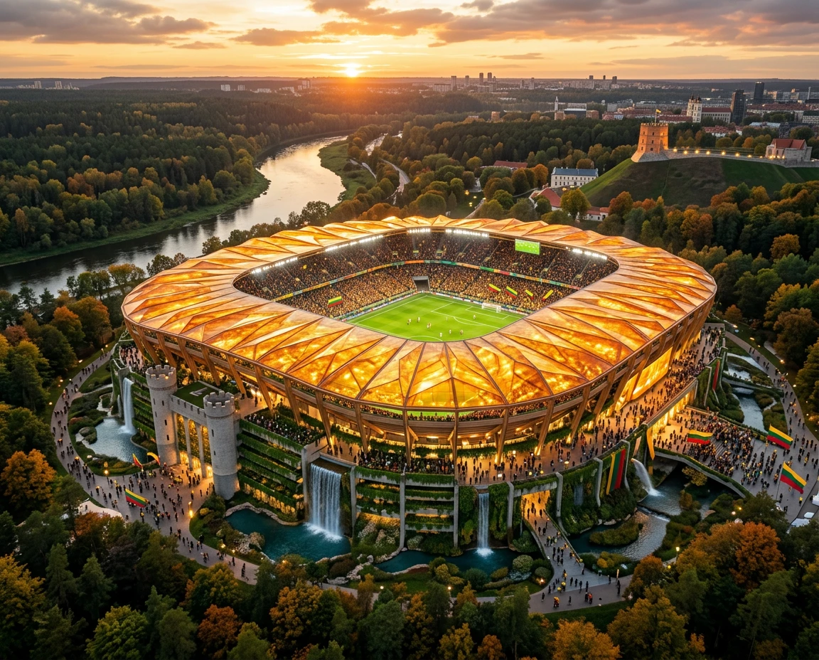 Futuristic Lithuanian football stadium glowing at sunset
