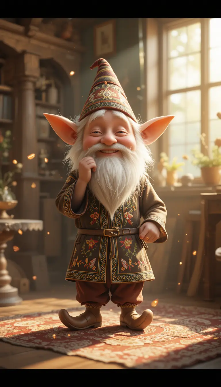 Cute house spirit in a cozy Bulgarian folk interior