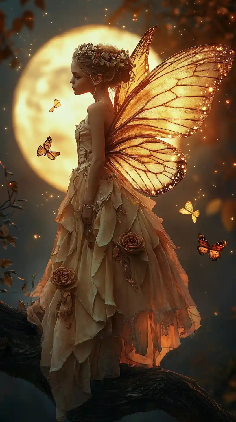 Fairy girl by the moon on a rustic forest branch