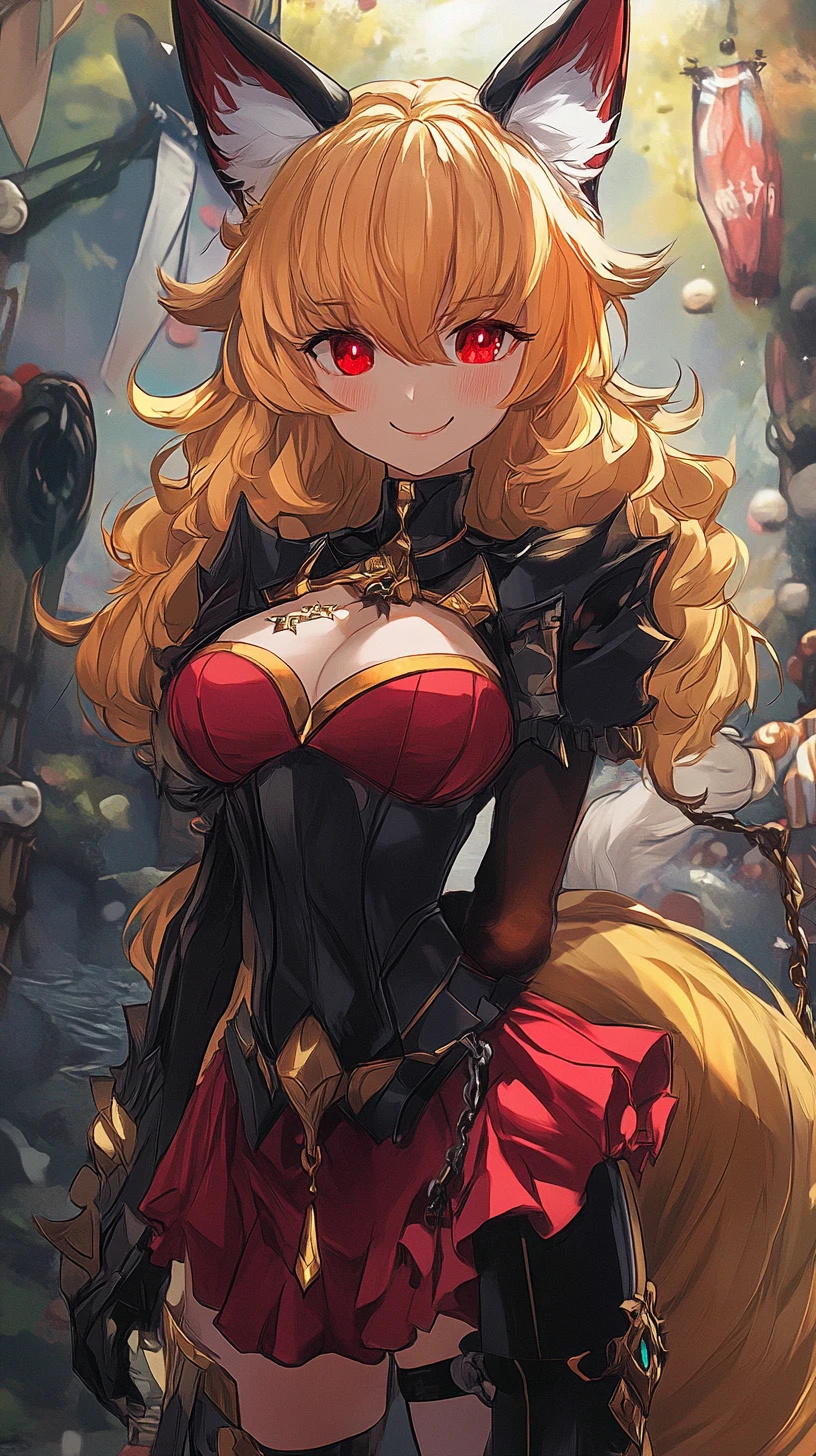 Fox eared anime girl in ornate armor and skirt