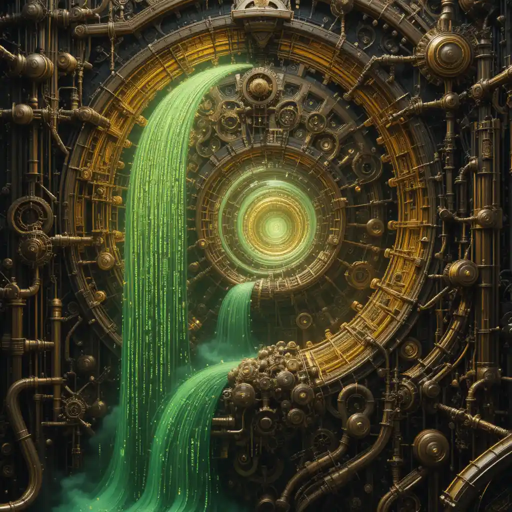 Steampunk mechanical system with glowing fractal data cascade