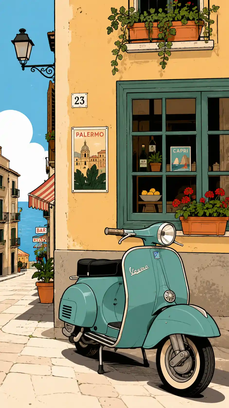 Vintage teal scooter by an old Italian street building