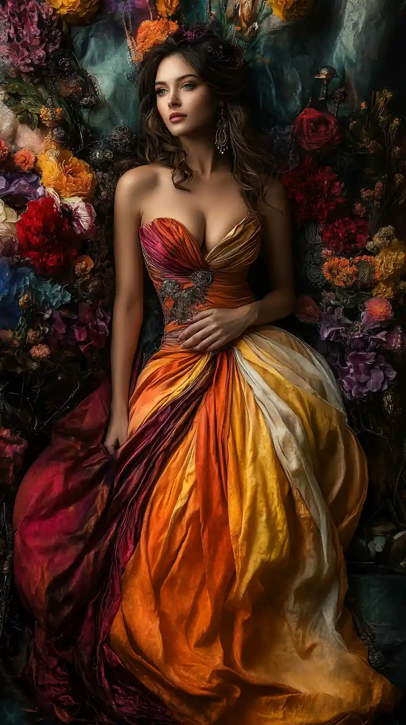Elegant fantasy woman in a draped halter gown