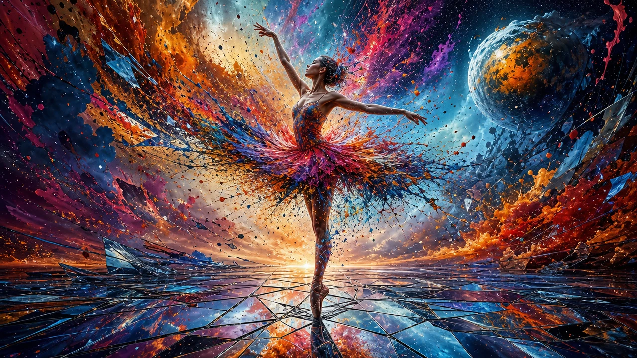 Surreal ballerina dissolving into color on mirrored stage