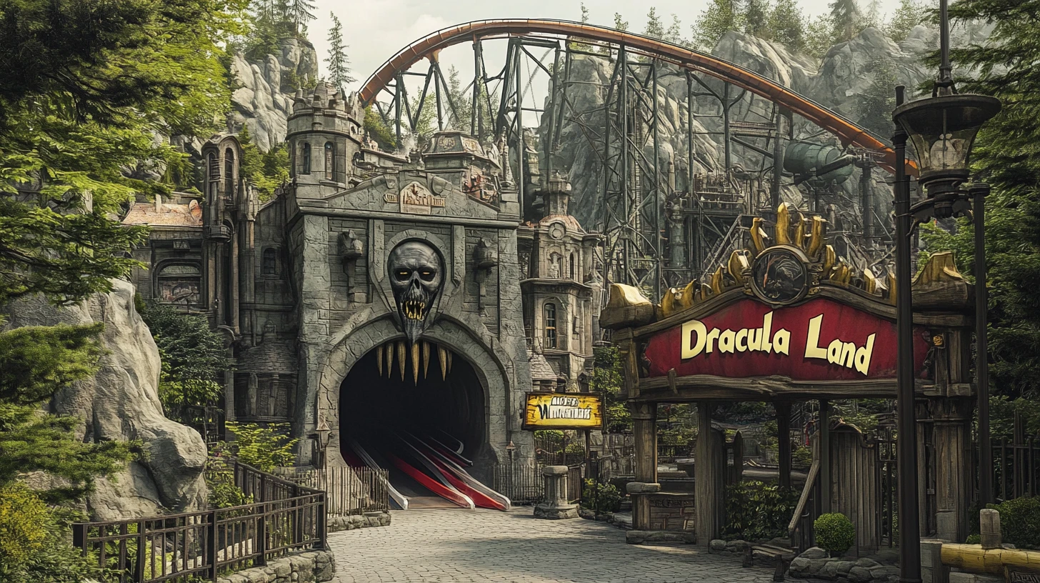 Steampunk Dracula Theme Park With Monster Movie Rides