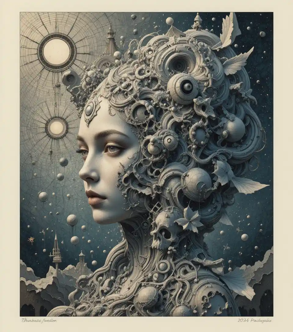 Surreal pointillist faces emerging from fractal patterns