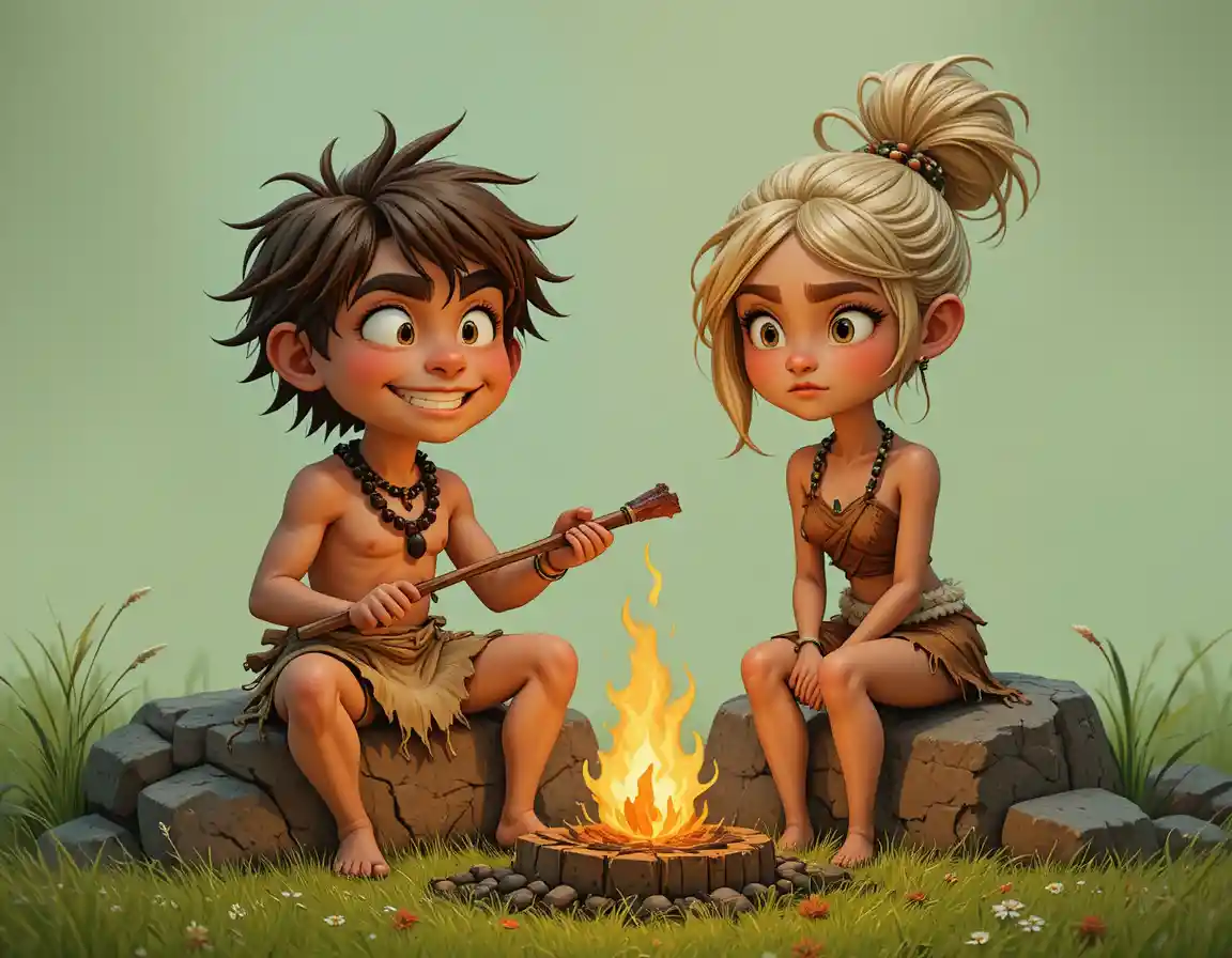 Prehistoric siblings roasting meat over a campfire