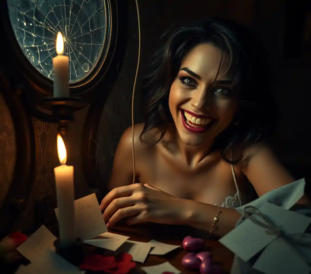 Surreal woman before cracked mirror in candlelit room