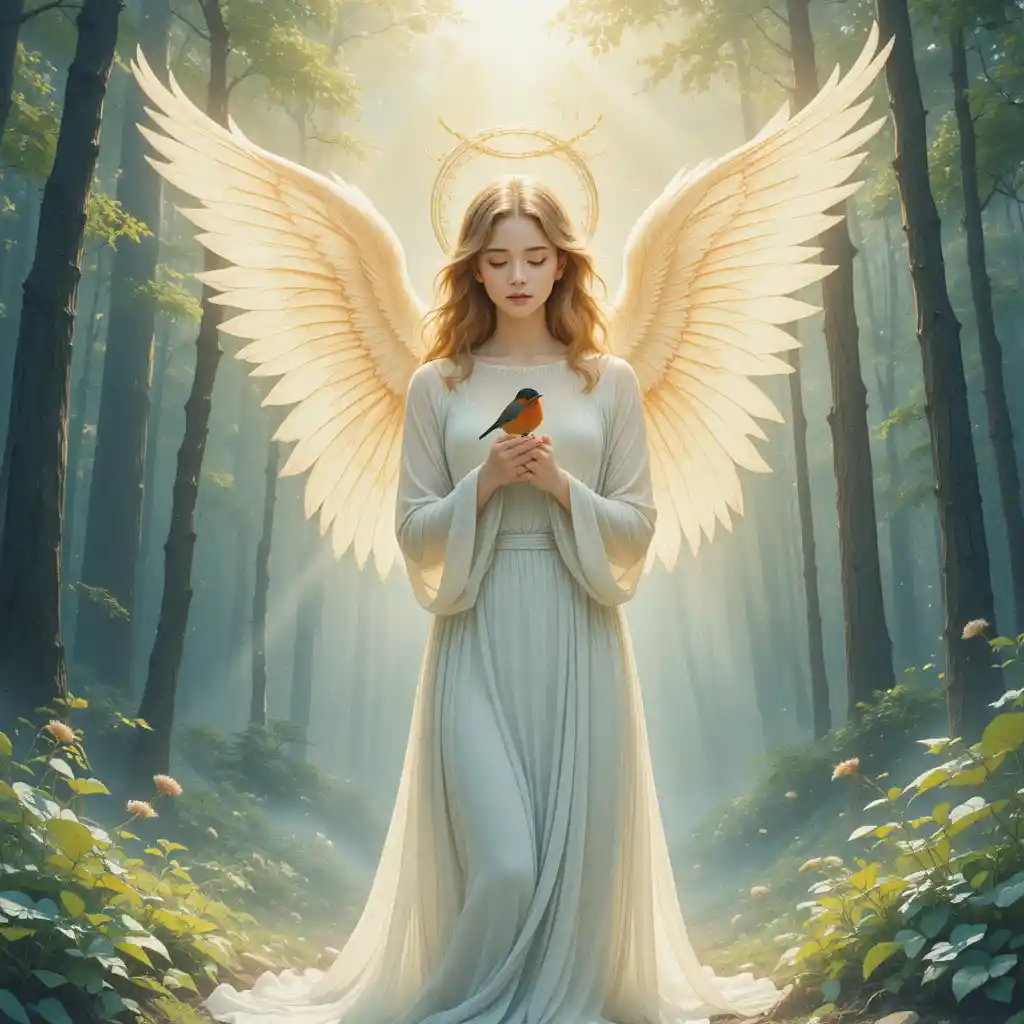 Ethereal Angel With Luminous Wings In Sunlit Forest Clearing
