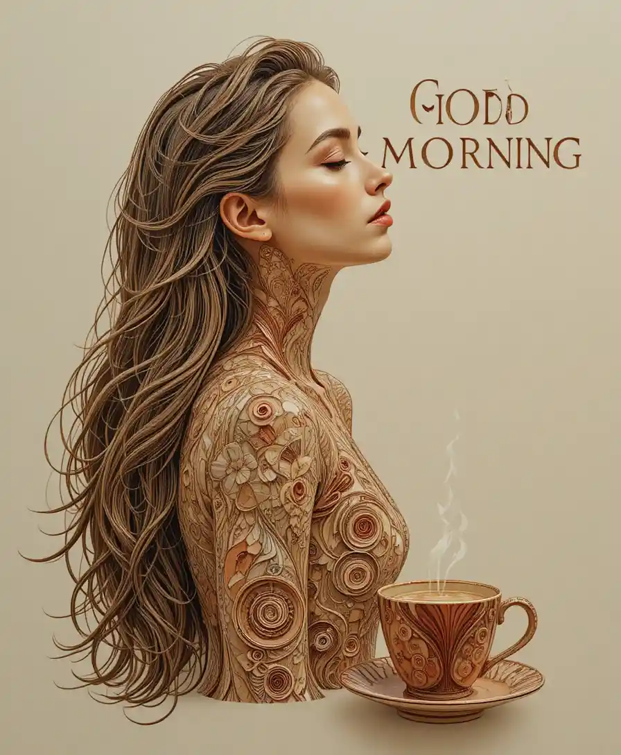 Serene girl basking in soft sunrise with flowing hair