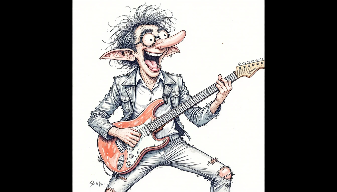 Cartoon guitarist laughing in a wild energetic sketch