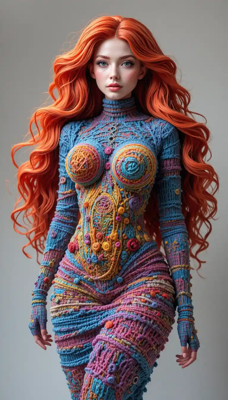 Colorful yarn sculpture of a confident woman with flowing hair