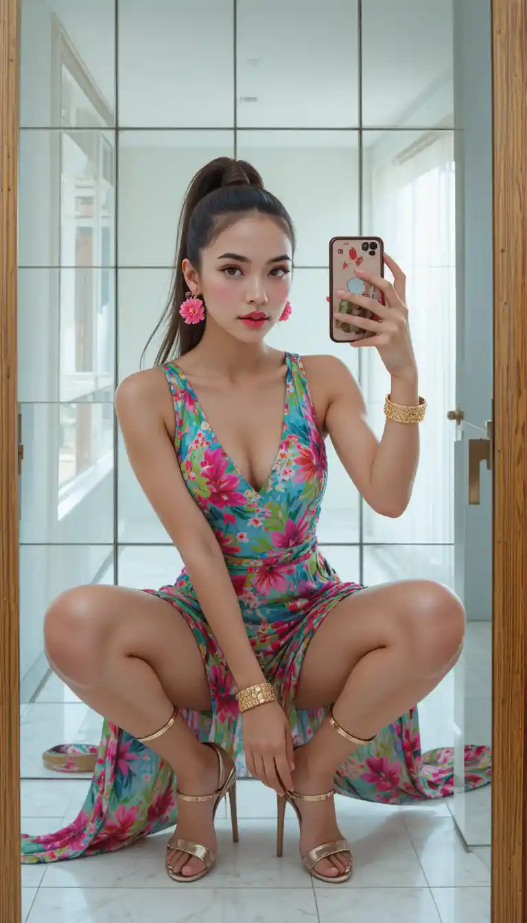 Young woman taking a crouched mirror selfie in floral dress