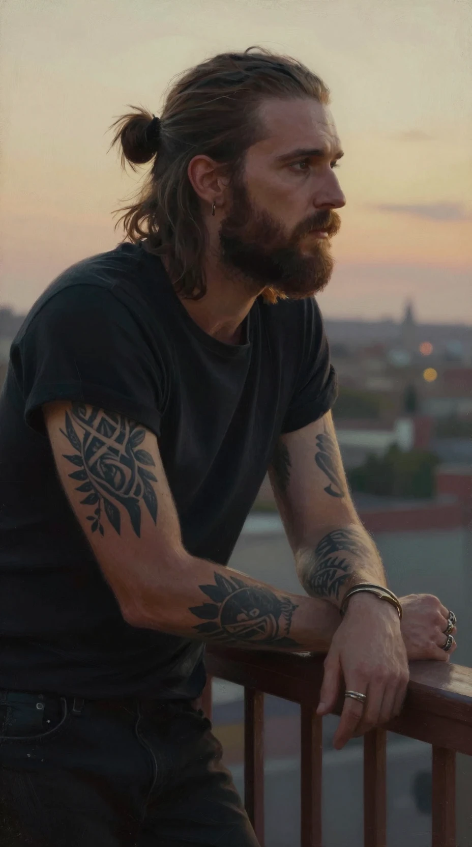 Pensive tattooed musician on a balcony at sunset