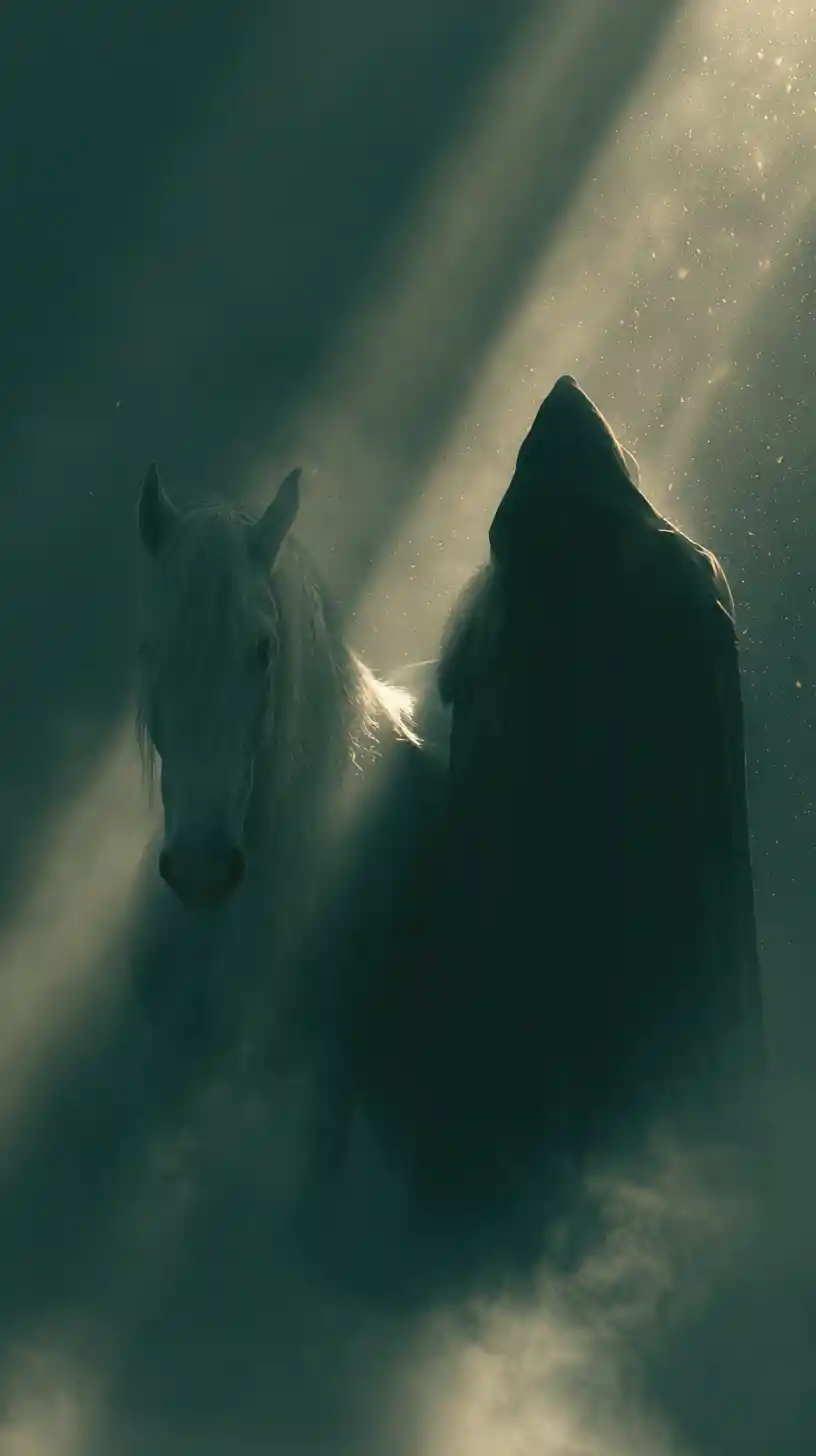 Muslim knight beside a white horse in misty light