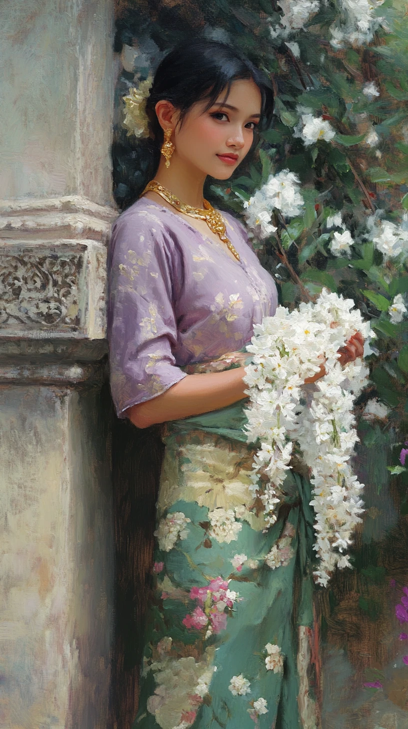 Graceful Southeast Asian woman with jasmine garland in garden