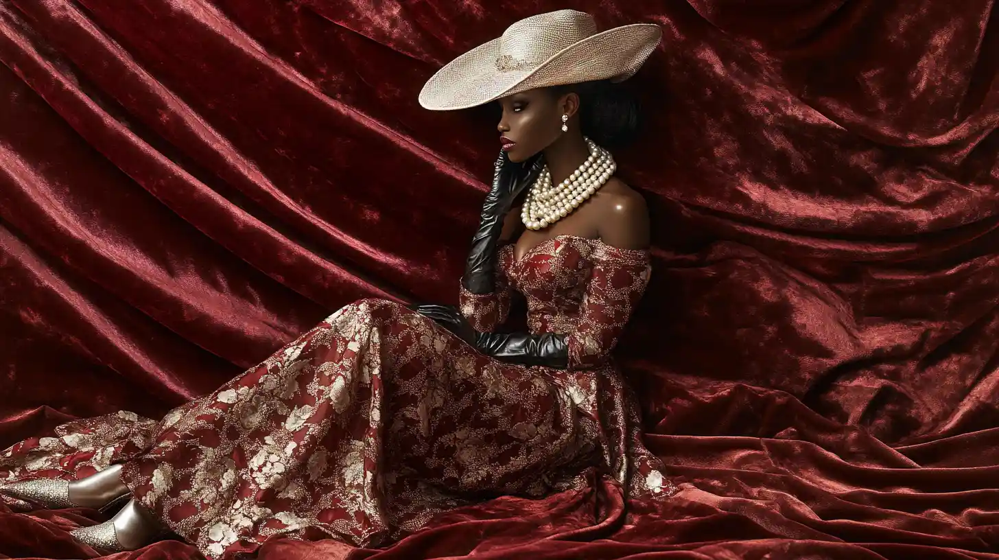 Elegant woman in pearl outfit against burgundy velvet background
