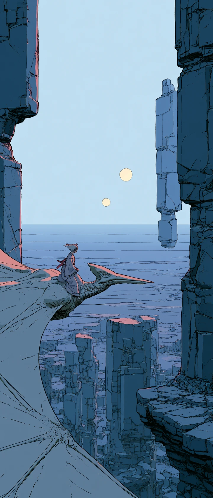 Anime rider on giant creature in surreal fantasy canyon