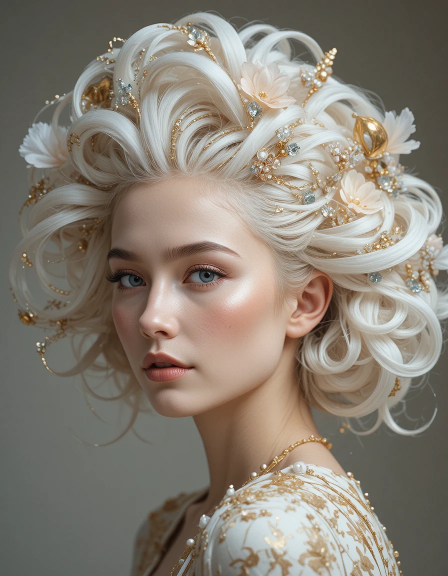 Editorial beauty portrait of a woman with sculptural hair