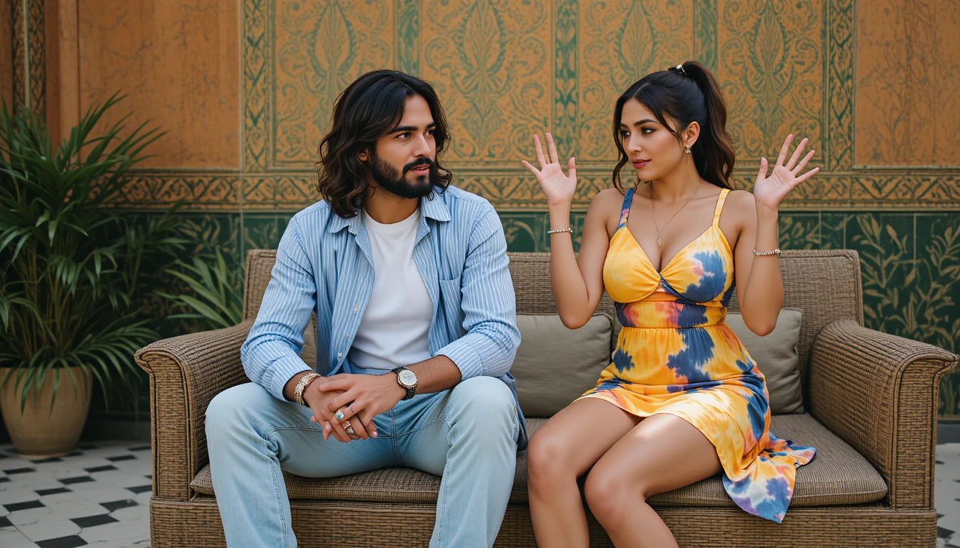 Relaxed couple talking on a patterned outdoor sofa