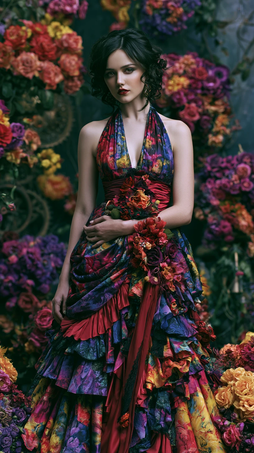 Hermosa mujer en un jardín de fantasía steampunk floral