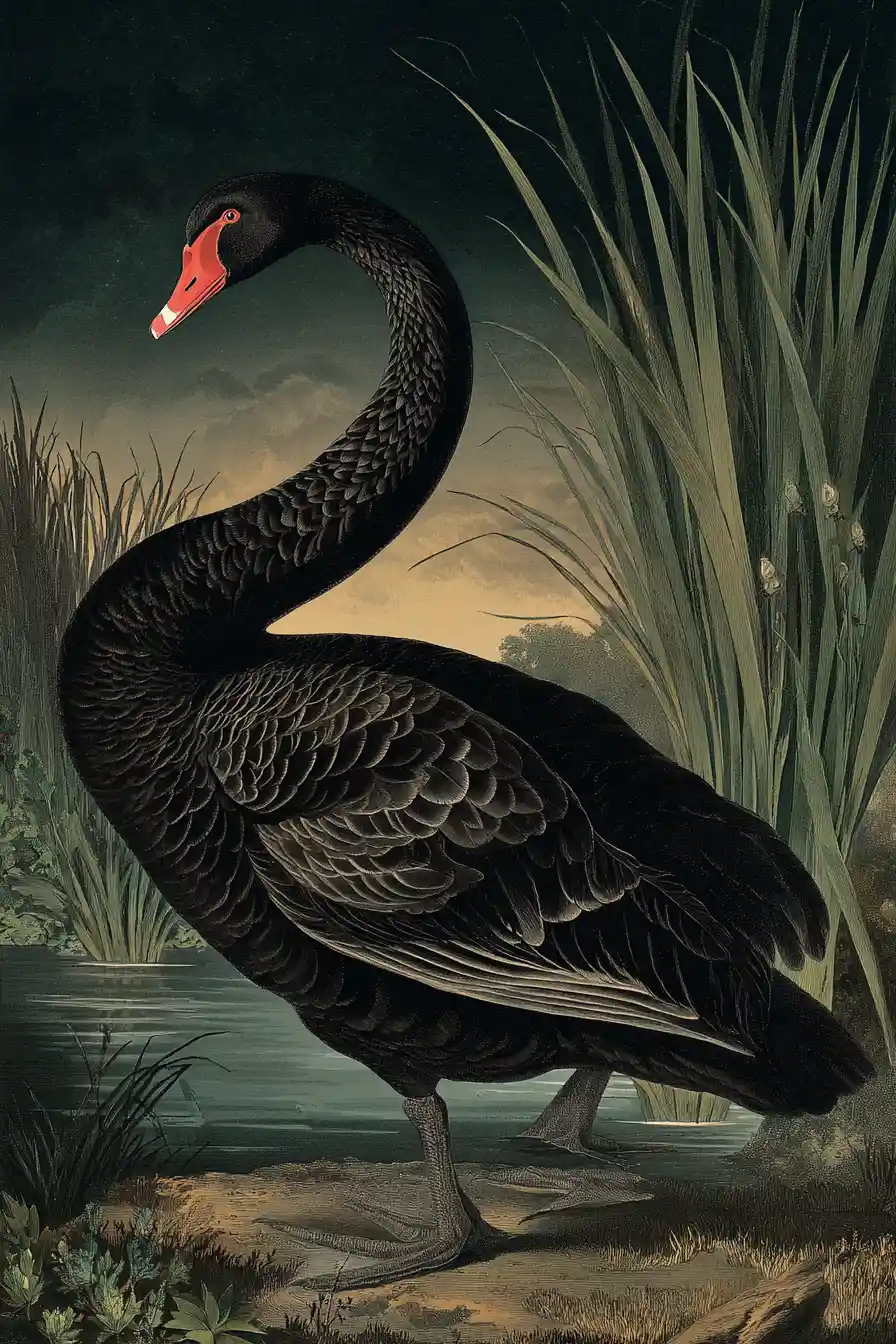 Vintage illustration of a black swan under the night sky