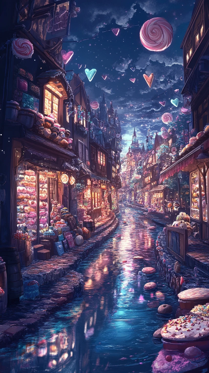 Spooky candy world with chocolate river and cookie town