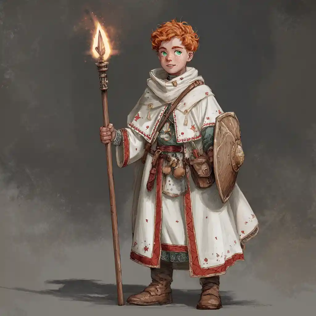 Freckled fantasy cleric with shield and burning torch