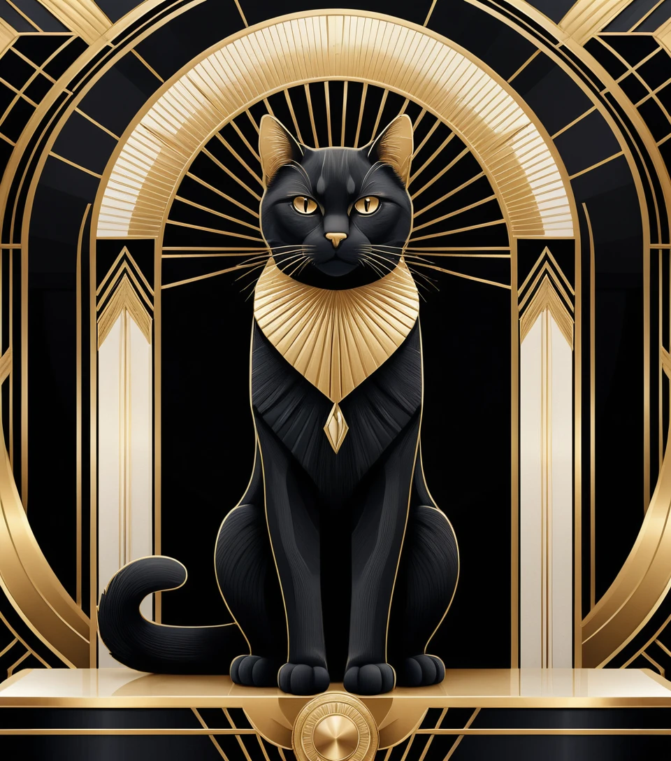 Regal art deco cat on geometric pedestal in gold tones