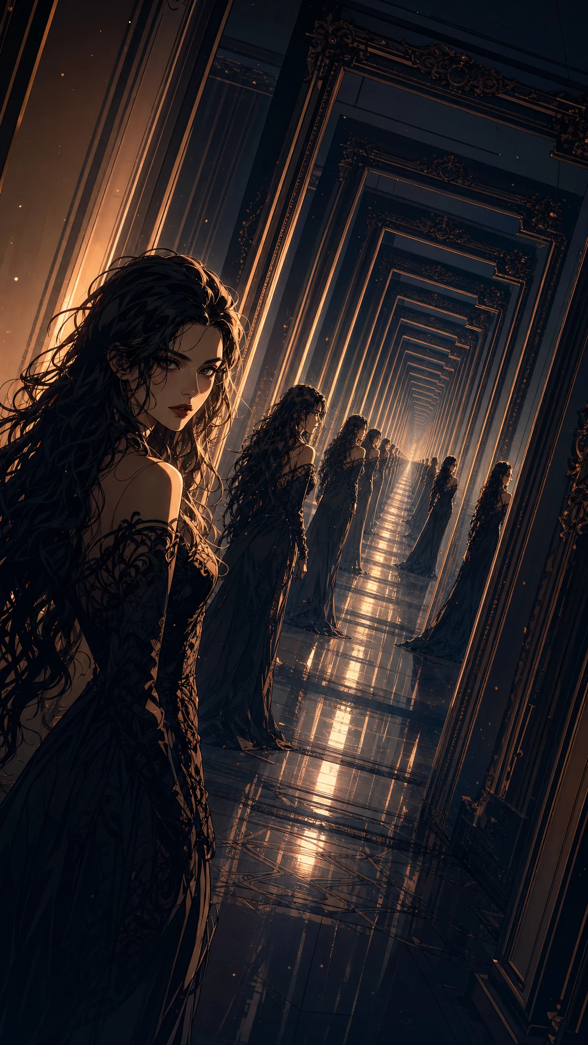 Elegant woman in an endless mirrored corridor with surreal depth