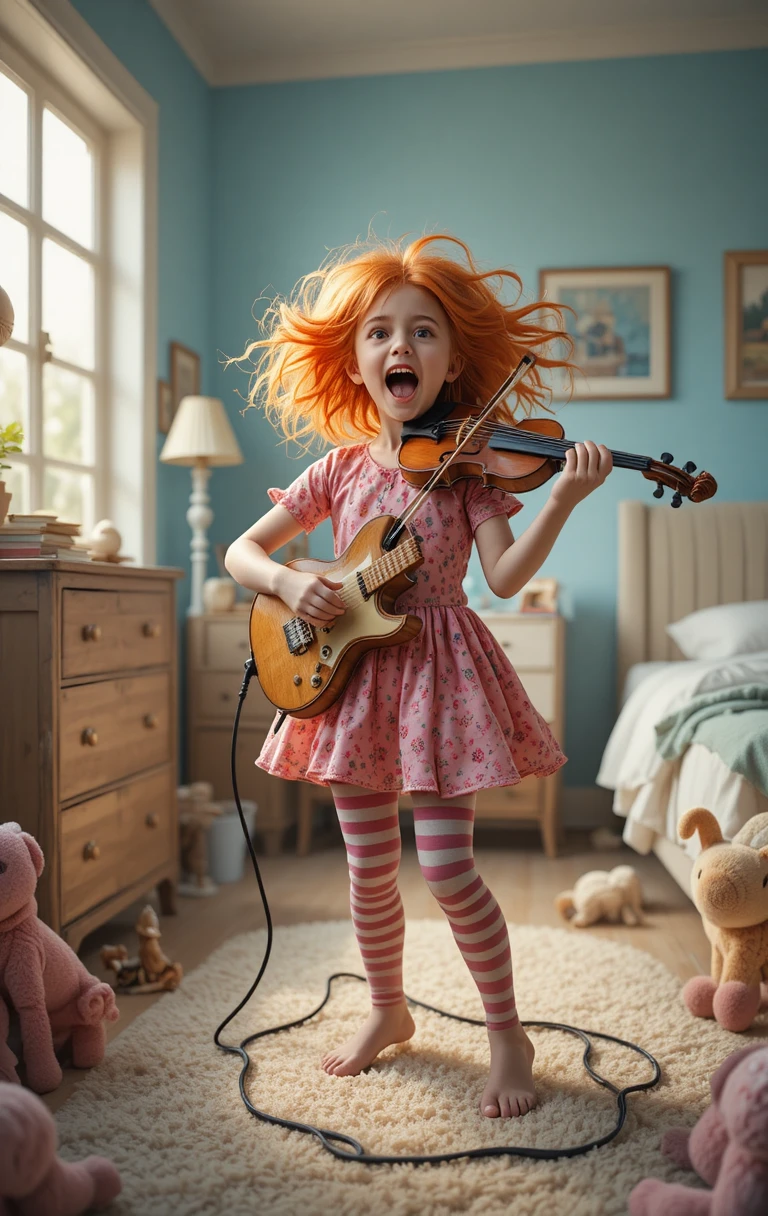 Red haired girl rocking a violin in a cozy bedroom