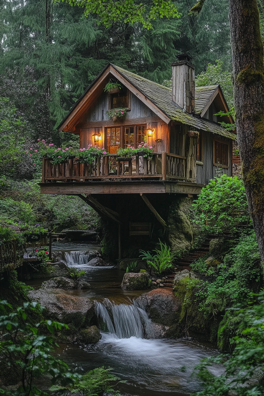 Rustic forest cabin with balcony above quiet stream